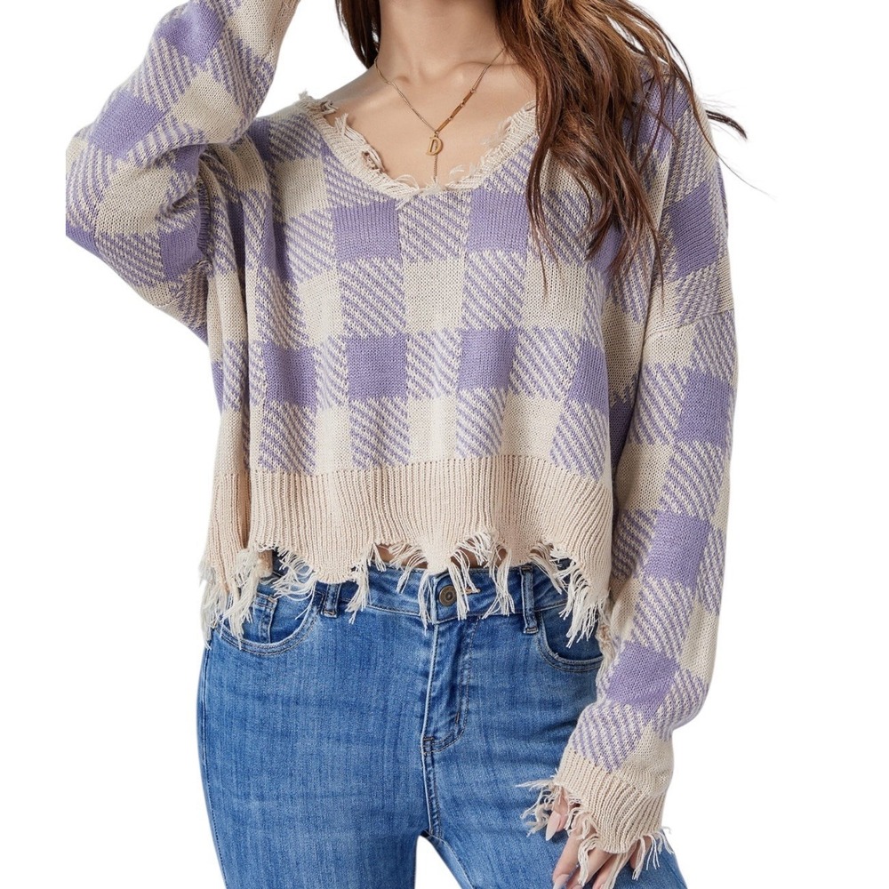 Just Polly Sweater Shirt Top Women's Medium Plaid‎ Long Sleeve Pullover Cropped